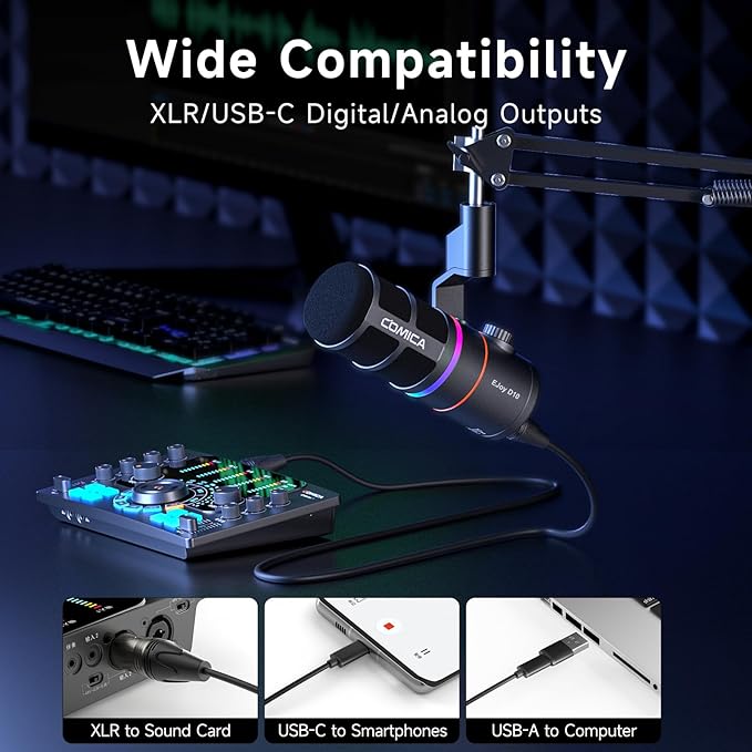 COMICA EJoy D10(A) USB Gaming Microphone – Boom Arm Mic with Noise Cancellation, XLR/USB-C, Real-Time Monitoring, Muting, RGB Professional Studio Mic for Gaming, Streaming, Podcast, Recording (Black)