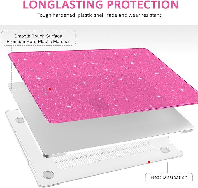 Anban Compatible with MacBook Pro 13 inch Case M2 M1 2025-2016 A2338 A2251 A2289 A2159 A1989 A1706 A1708, Plastic Hard Shell+Keyboard Cover+Screen Skin for MacBook Pro 13.3 inch Case, Shiny Hot Pink