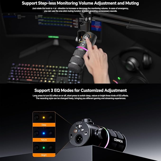 COMICA D10 Pro A Wireless/XLR/USB Dynamic Microphone with Receiver Boom Arm Stand- Dual Channel Cardioid Mic, 45H Battery, RGB Lights, CalMix Denoise for Gaming/Streaming/PD(PC, PS4/5, Mac,Phone)White