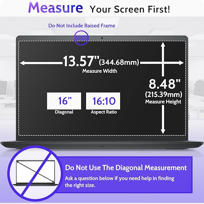 16 Inch Laptop Privacy Screen Compatible with Lenovo Hp Dell Acer Asus Thinkpad Envy Xps Computer 16:10 Aspect, Removable Anti Glare Blue Light Filter Protector, 16" Monitor Security Shield