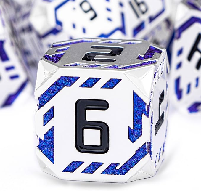 Metal DND Sci-fi Dice Set 7PCS Stripe Polyhedral Dice for Dungeons Dragons RPG Role Playing Game, Glitter D and D Dice with Gift Box D6 D8 D10 D12 D20 (Silver Blue)