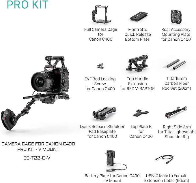 Tilta Camera Cage Pro Kit V-Mount for Canon C400 | Includes Cage, Battery Plate, Shoulder Baseplate, Right Side Arm & More | Arri Rosette, NATO Rail, 3/8"-16 & 1/4"-20