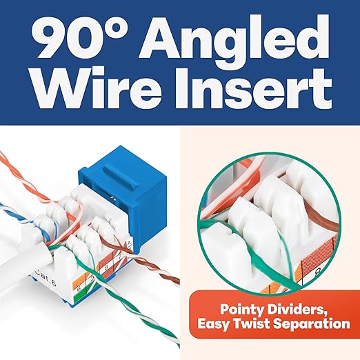 Everest 90° Angled RJ45 Cat6 Keystone Jacks 20-Pack in Blue - Slim Profile Female RJ45 Connectors - Cat 6 Keystone Jack - Compatible with 90° Angled Speed Termination Tool - easyJACK (B094WB91H3)