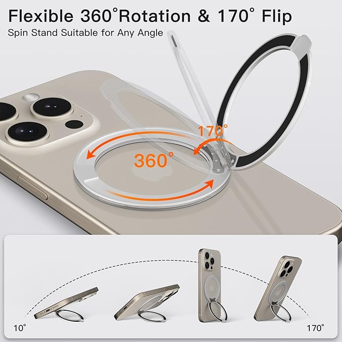 COOLQO 1Pc 360 Spin Cell Grip Ring Phone Stand [Upgrade Gear Hinge Stress Anxiety Relief] Magnetic Holders for Your car Accessories Desk Mount Compatible with iPhone All Smartphones, Silver