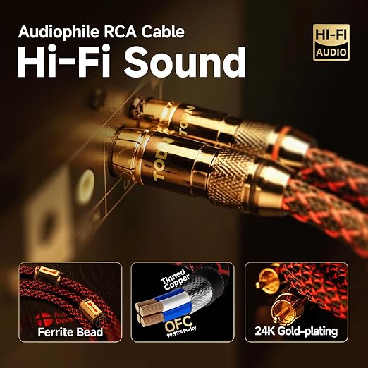 TODN High End RCA Cables for Audiophile, 2 RCA Male to Male Stereo Cord for Car Audio, Speaker, Amp - Φ7mm, Nylon Braided Jacket (6.5ft/2m, 1 Pair)