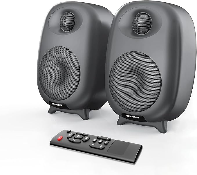 BESTISAN Bookshelf Speakers, 60 Watt Powered Studio Monitor Speaker with Bluetooth 5.0 and Wired Optical Line in Input Port, Bass and Treble Adjustable, Deep Bass, 3 Audio Mode Design (Gray)