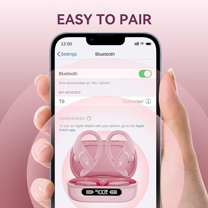 occiam Wireless Bluetooth Earbuds Sport Ear Buds Workout Headphones 96H Playback in-Ear Earphones with Earhooks Buit-in Mic Button Control Bass Stereo Headset for Gym Exercise Running Pink