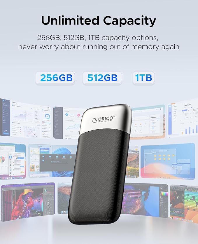 ORICO 1TB Portable SSD, Up to 1050MB/s, Compact with 2 in 1 USB C & A Cable, External Solid State Drives, Reliable Storage for USB C Smartphone, Tablet, PC - M10PRO