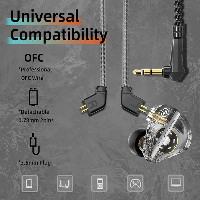 CCZ DC01 Pro Gaming Earbuds, Professional iems for Gaming, Super Bass in Ear Monitor Headphones Wired Earphones with 1DD, Patent Ear fins, Ear tips, for School Student Laptop Podcaster (Cyan with mic)