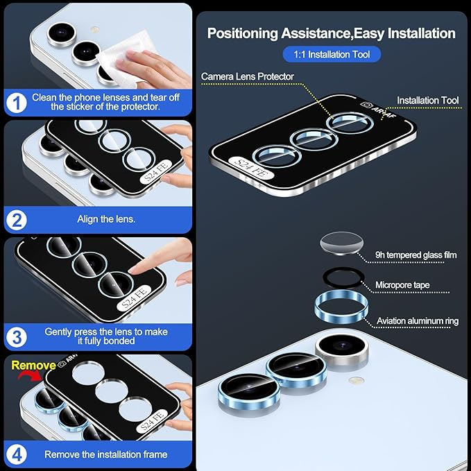 for Samsung Galaxy S24 FE Camera Lens Protector, Individual Metal Ring Tempered Glass Lens Cover, [Strong Adsorption] Scratch Resistant Ultra-Thin HD Clear Lens Cover, 1 Set-Blue Ring