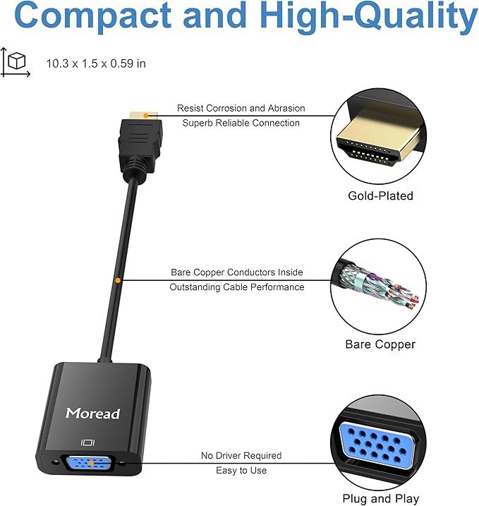 HDMI to VGA, 10 Pack, Uni-Directional Gold-Plated HDMI to VGA Adapter (Male to Female) for Computer, Desktop, Laptop, PC, Monitor, Projector, HDTV, Chromebook, Raspberry Pi, Roku, Xbox and More