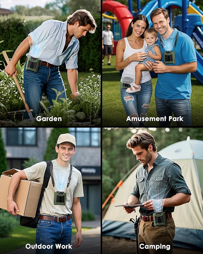 Portable Waist Fan Clip on, Personal Wearable Belt Fan 10000mAh Rechargeable Battery Under Shirt,5 Speeds with light, Neck Fan Hands-Free Cooling For Outdoor Camping Travel (Green)