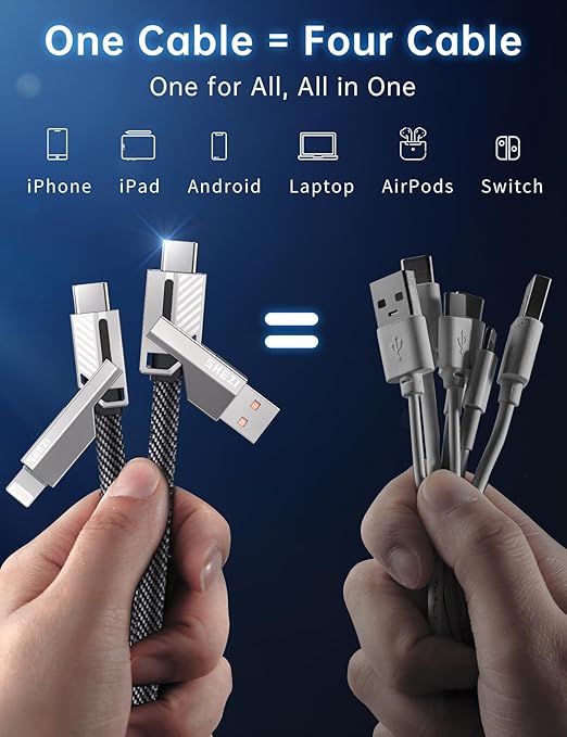 [One is Enough] 4-in-1 Compatible with USB C to Lightning Cable, 65W High-Speed Charging & Fast Data Transfer,CarPlay & Android Auto Support Multi Charger Cord Combo for iPhone/Samsung/iPad,5FT