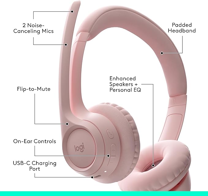 Logitech Zone 300 Wireless Bluetooth Headset with Noise-Canceling Microphone, Compatible with Windows, Mac, Chrome, Linux, iOS, iPadOS, Android – Rose