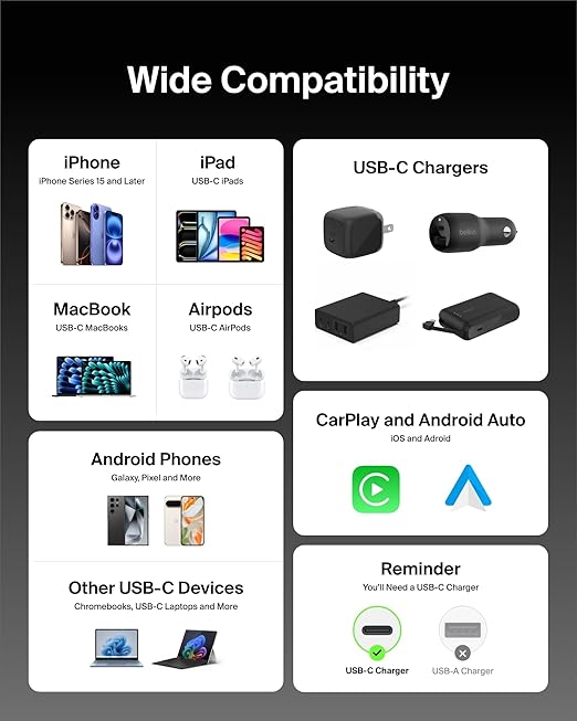 Belkin USB C to USB C Cable, 9.9ft, 60W - Type C Charger, iPhone Charger Cord, Soft, Braided, Flexible for iPhone 16, Galaxy S25, Pixel 9, Airpods, iPad Pro, Tablet & More, Travel Essentials - Black