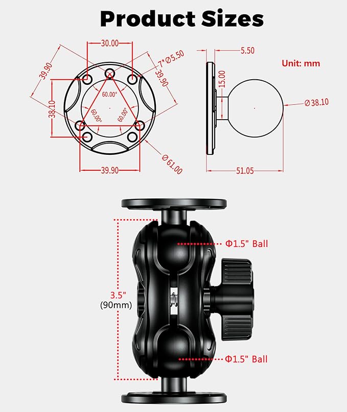 Aluminum Alloy Fish Finder Mount with 1.5" Ball AMPS Hole Round Plates, 3.5" Short Arm Marine Electronic Mount Tablet Holder for Garmin, Lowrance, Humminbird, Raymarine and More