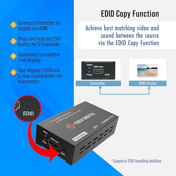 J-Tech Digital HDMI Extender 1080P 60Hz Over Single CAT 5e/6/7 PoC (Power Over Cable) up to 165ft, Deep Color EDID Copy Zero Signal Loss [JTD-HDEX-1PV2]