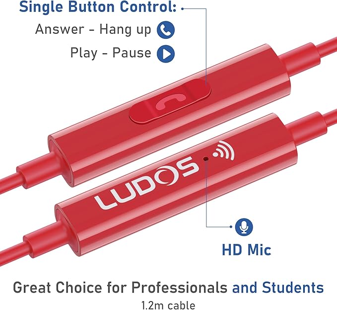 LUDOS OMNITONE Wired Earbuds in-Ear Headphones, 5 Years Warranty, Earphones with Microphone, 3.5 mm Jack Corded Ear Buds, Videoconference for iPhone, Samsung, Laptop, Kids, School Students - Red