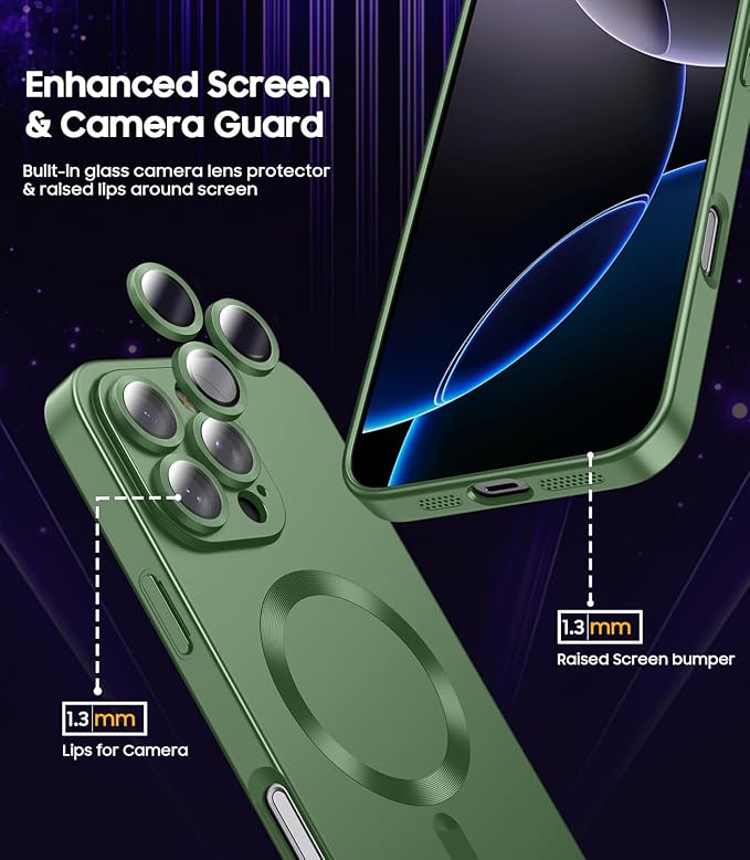 Magnetic for iPhone 16 Pro Max Case [Compatible with MagSafe][Built-in Camera Lens Protector] Slim Soft Silicone Bumper Shockproof Metallic Luster Phone Case (Green)