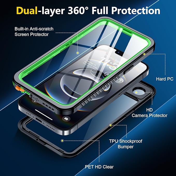 SPIDERCASE for iPhone 16e Case Waterproof,Built-in Screen & Camera Lens Protector[IP68 Underwater] [Military Grade Shockproof] Cell Phone Home Button Stickers, Green/Clear