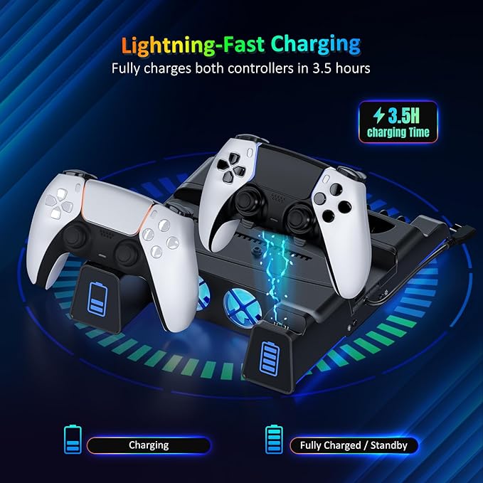 NexiGo PS5 Silent Cooling Stand for Both PS5 and New PS5 Slim Consoles, RGB LED Light, Dual Charging Station, Compatible with Dual_Sense Edge Controller, Hard Drive, Headset and Remote Holder, Black