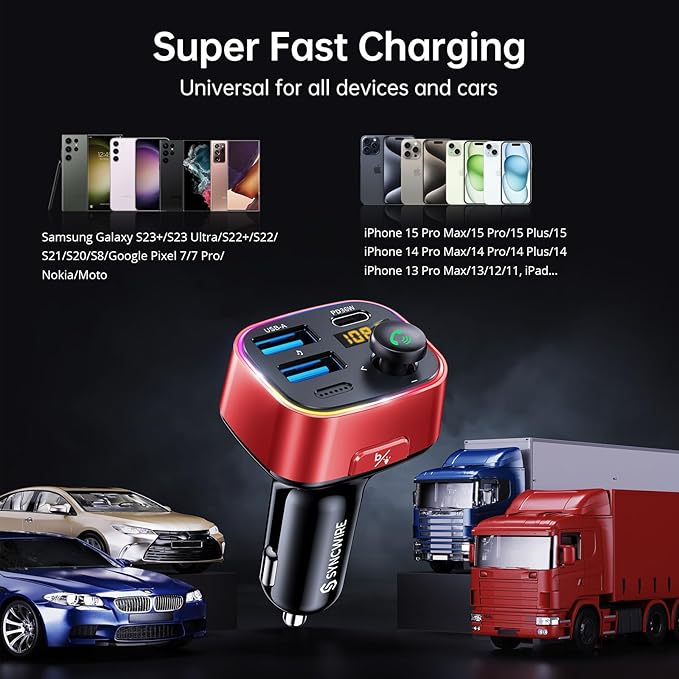 Syncwire Bluetooth 5.4 FM Transmitter Car Adapter 48W (PD 36W & 12W) [Light Switch] [Hi-Fi Deep Bass] [Fast Charge] Wireless Radio Music Adapter LED Display Hands-Free Calling Support USB Drive, Red