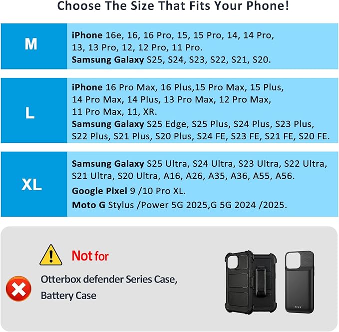 Phone Holster for Belt with Metal Clip and Magnetic Closure Compatible with iPhone 16/15/14/13/12 Pro and Non-Pro, Galaxy S25 S24 S23 S22 for Everyday Protection, M-Black