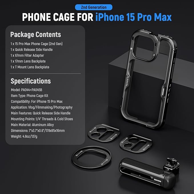 NEEWER 15 Pro Cage [2nd Gen], Video Rig Phone Stabilizer with Quick Release Side Handle, 67mm Filter Adapter, 17mm Lens Backplate, T Mount Lens Adapter Compatible with Moment, PA043+PA045B