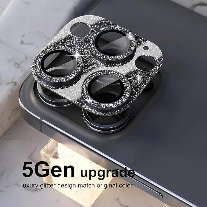 Choiche Compatible for iPhone 16 Pro/iPhone 16 Pro Max Camera Lens Protector, Bling Camera Cover with 9H Tempered Glass Lens Screen Protector Metal Ring Decoration Accessories (Glitter-Black)