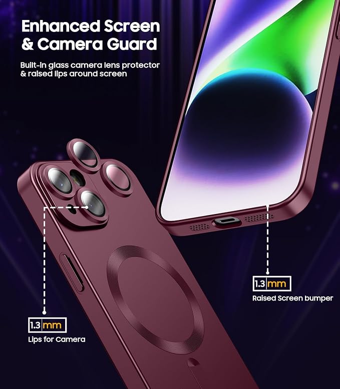 Magnetic for iPhone 15 Case [Compatible with MagSafe][Built-in Camera Lens Protector] Slim Soft Silicone Bumper Shockproof Metallic Shine Phone Case (Burgundy)