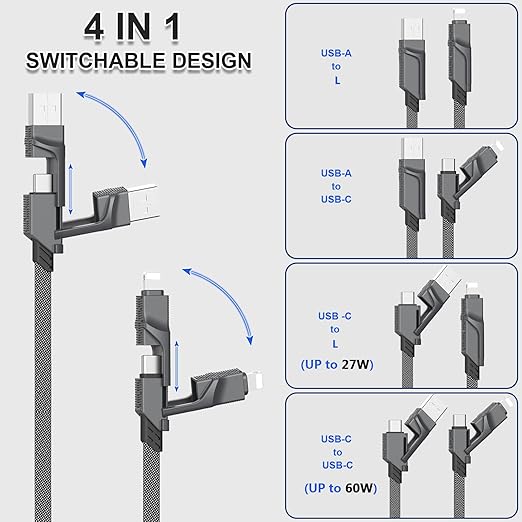 2Pack 6FT 4 in 1 USB C Cable for Lightning, 60W Fast Charging, Flat Braided, Dual Type C Cord, Multi Charger for iPhone 16 15 14 13 Pro Max/15 Plus/15 Pro/Samsung Galaxy S24 S23/iPad/MacBook
