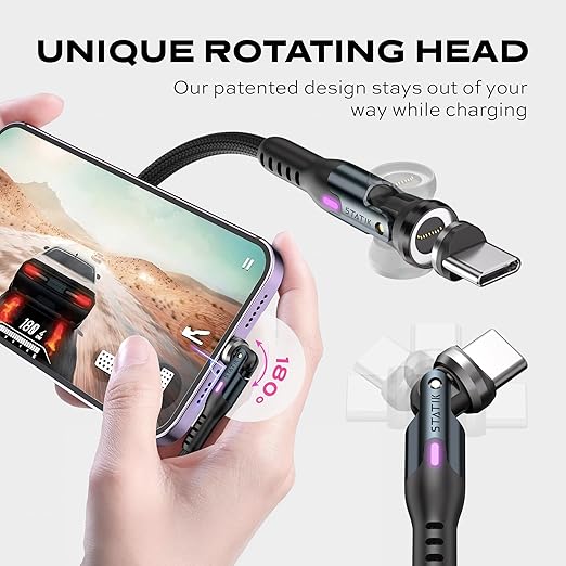 Statik 360 Pro Magnetic Charging Cable - Type C Charger Fast Charging 3 in 1 USB C to USB C Cable, Micro USB & iProduct Tips, USB A Adapter, Fits All Devices - 100W Fast Charger, Black 10FT, 3 Pack