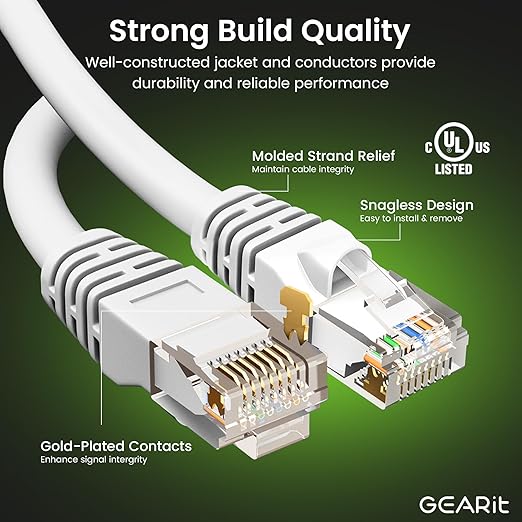 GEARit Cat 6 Ethernet Cable (100-Pack 1 Foot) Cat6 Network Patch, 10Gbps, RJ45, Snagless Cord, Gold-Plated Connectors, Internet for PC, TV, Tablet, Router, Printer, Servers, IT Data Center - White