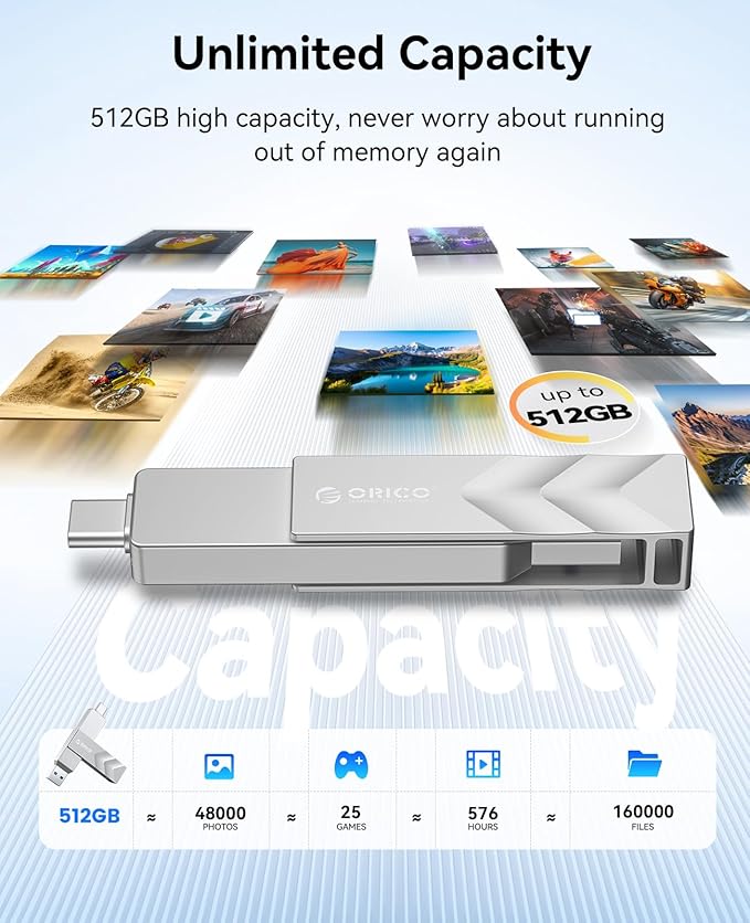 ORICO 512GB Portable Solid State Drive, 1050MB/s Dual-Port Rotating Metal External SSD with 90° Click-Stop, Reliable Storage for iPhone 16, 15 Series, Type-C Smartphone, Mac, Audio, Vehicle - A101