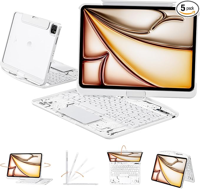 Transparent Case with Keyboard for iPad 9th (7th, 8th, and 9th Gen) 10.2 Inch,with 7-Color Backlit Wireless Keyboard,360°Rotatable Protective Case Multi-Touch Trackpad,with Pencil Holder,White