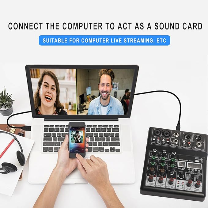 Dj Mixers, 4 Channel Audio Mixer, Sound Board with Bluetooth Player, Usb Audio Interface with 48V Phantom Power, Sounds Mixer Board with 99 DSP FX Reverb Delay Effect