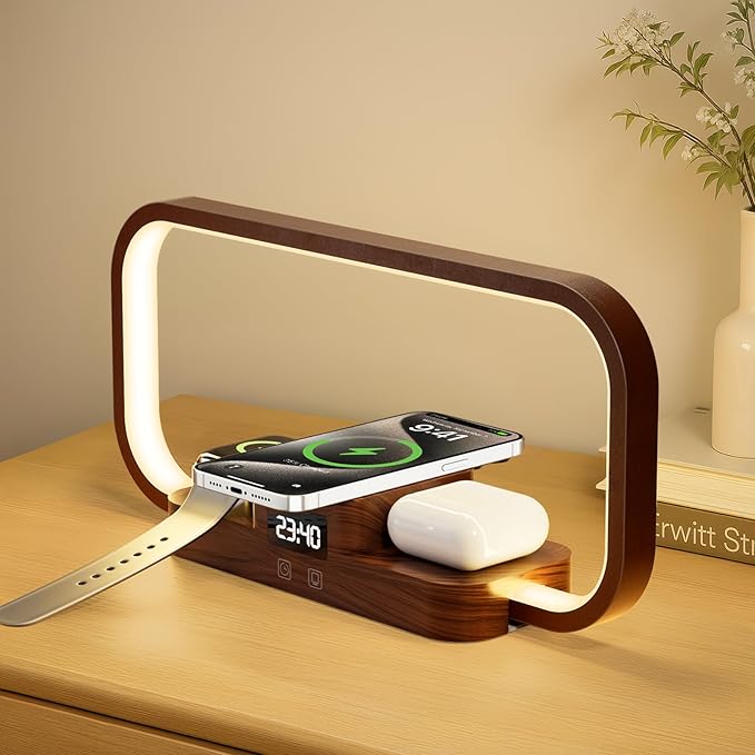LED Bedside Lamp with Wireless Charger, 3 in 1 Touch Control Bedside Lamp, 5 Color Mode & Dimmable, Desk Lamps with Clock for Nightstand, Table Night Lamp for Bedroom, Gifts for Women, Men, Friends