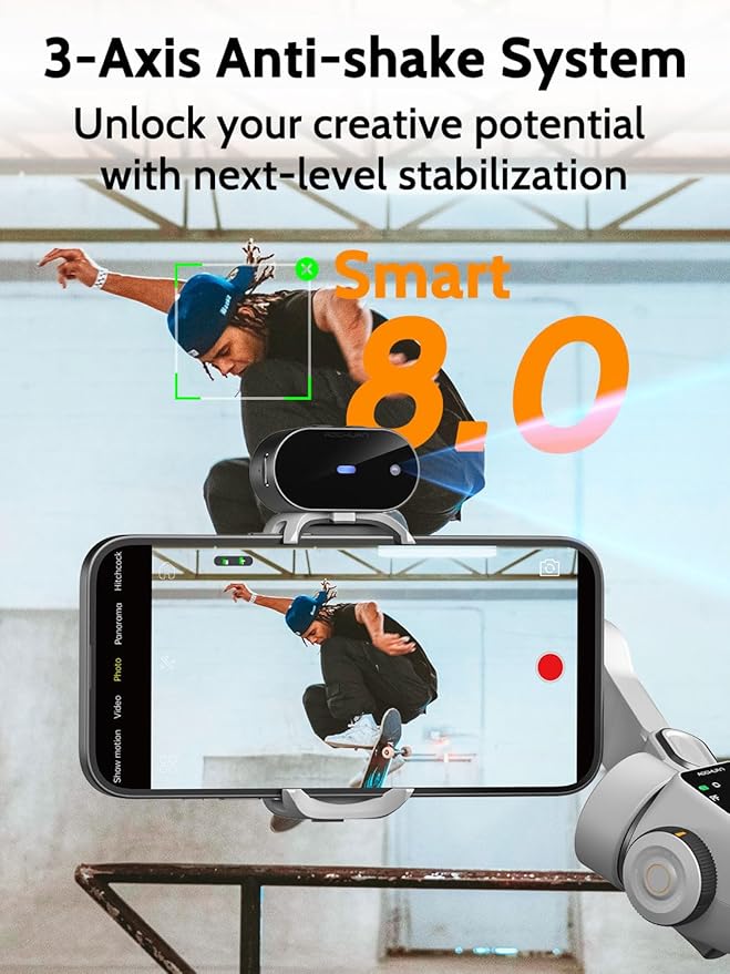 Gimbal Stabilizer for Video Recording, Smartphone 3-Axis Smartphone Gimbal with AI Tracking Sensor for Vlogging,7.8' Extension Rod,Trigger Button,YouTube Tiktolk(Smart V8 AI White)