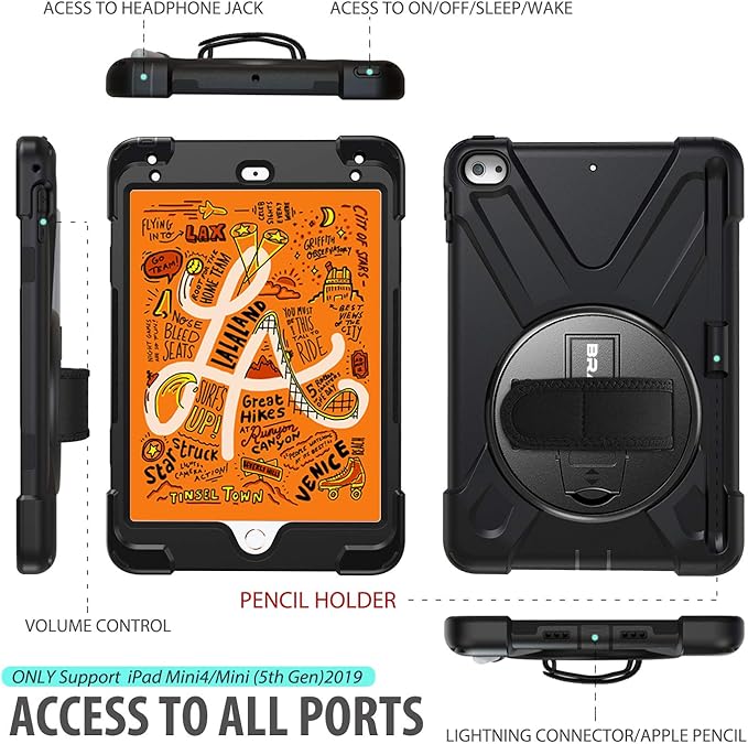 BRAECN iPad mini 5 Case,iPad mini 4 Case, Heavy Duty Shockproof Protective Rugged Case with Pencil Holder,Hand Strap,Kickstand, Shoulder Strap for iPad mini 5th/4th Generation 7.9 Inch for Kids-Black