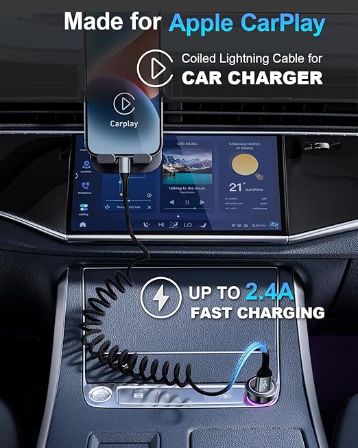 USB to Lightning Cable for Car 6FT, Coiled iPhone Charger Braided Lightning Cable [Apple MFi Certified] Fast Charging Cord Compatible with iPhone 14 Pro/Pro Max/Plus 13 12 11 8 7, iPad AirPods
