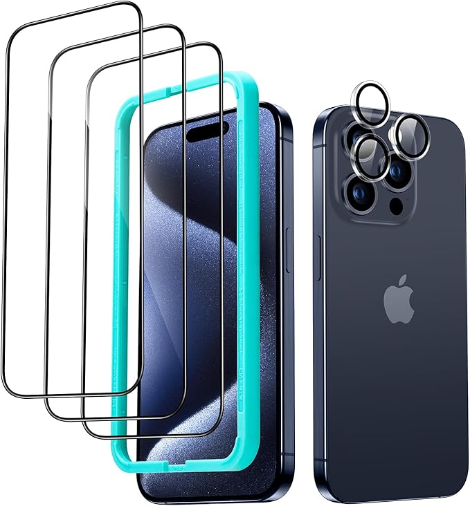 ESR 3+1 Pack for iPhone 15 Pro Screen Protector, 3 Black Edge Tempered-Glass Film and 1 Set Camera Lens Protector, 2.5D Curved Edges, Full-Coverage Military-Grade Protection, Scratch Resistant