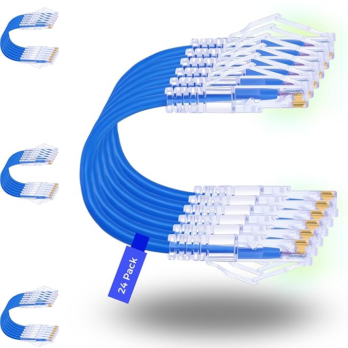 Rapink Patch Cables Cat6/ Cat6a 3ft (24 Pack) Slim, Cat6a Ethernet Patch Cable 10G Support, Snagless Cat 6 Patch Cable for Patch Panel to Switch, Flexiable Cat6 Ethernet Cable Blue