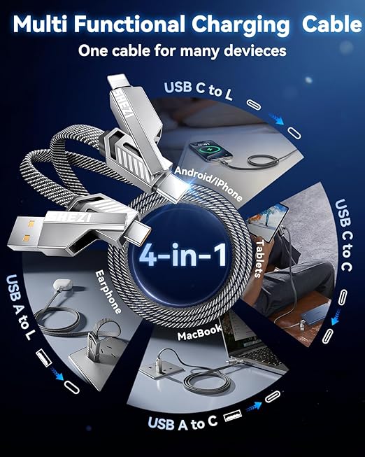 [One is Enough] 4-in-1 Compatible with USB C to Lightning Cable, 100W High-Speed Charging & Fast Data Transfer,CarPlay & Android Auto Support Multi Charger Cord Combo for iPhone/Samsung/iPad,5FT