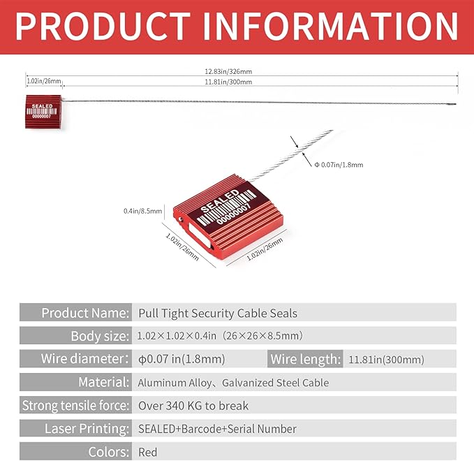 50 Red High Security Cable Seals with Barcode, Pull Tight Numbered Steel Security Seals, Anti-Tamper Shipping Self-Locking Tags for Logistics, ISO 17712 Certified