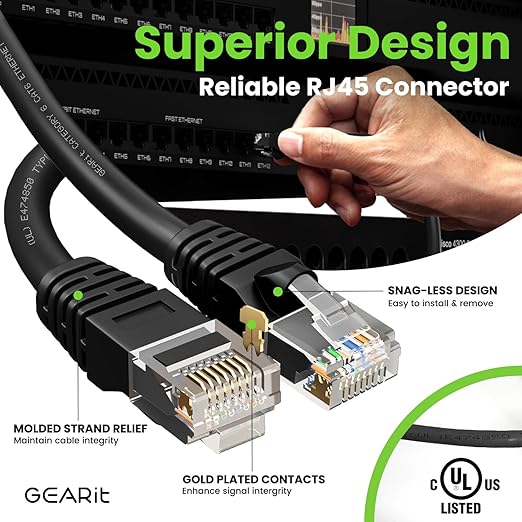 GEARit Cat 6 Ethernet Cable Pack - 24-Pack 3 ft Cat6 Ethernet Patch Cables | RJ45 Network Patch Cable, 10 Gbps Snagless Gold-Plated Connectors - Ethernet Cable Cat 6 for PC, TV, Router - Black