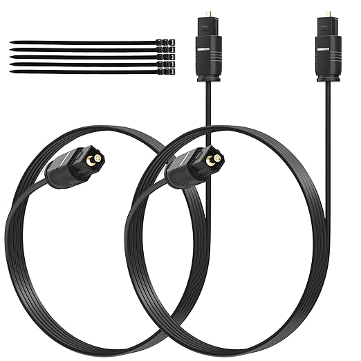Adoreen Ultra-Thin Slim Digital Optical Audio Cable 10 FT/2 Pack, Fiber Optic Toslink SPDIF Cord Gold-Plated High-Speed Flexible & Durable for TV Soundbar Home Theater Game Console PS4 Xbox +Ties