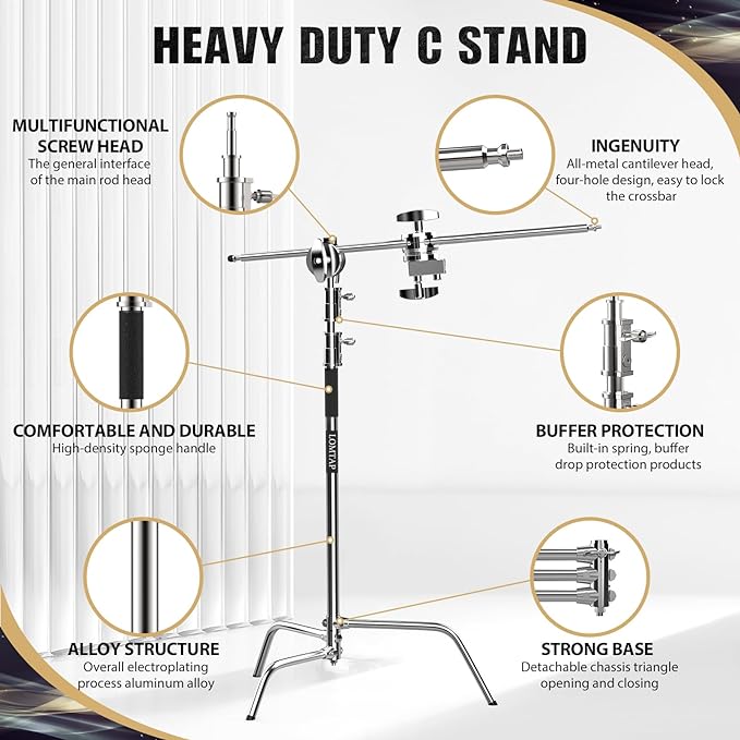 LOMTAP C Stand Light Stand Stainless Metal Photography Kit - Heavy Duty 6.8ft/210cm Vertical Pole, 2.8ft/87cm Boom Arm, Adjustable Base, Water Sandbag, 2 Grip Heads, 3 Clips for Softbox, Reflector