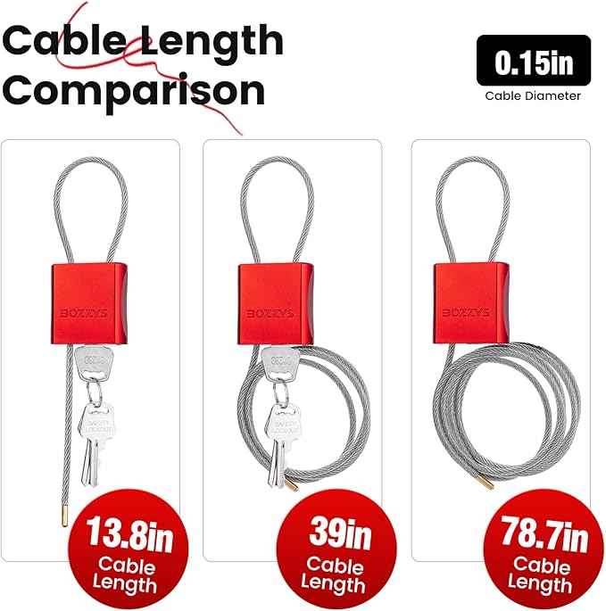 Cable Padlock with 3 Keys | L 1.15ft(0.35m),D 1/6in(4mm) Adjustable Steel Cable Lock | Aluminum Locks for Bikes, Gate, Lockers & Outdoor Gear | Weatherproof & Red