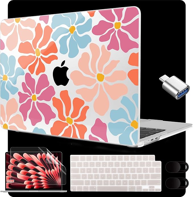 MEEgoodo for M4/M3/M2 MacBook Air 15.3 inch Case 2025 2024 2023, Case Fit Model (A3241/A3114/A2941) for MacBook Air 15 inch, Laptop Hard Shell with Keyboard Cover, Minimalist Style Floral