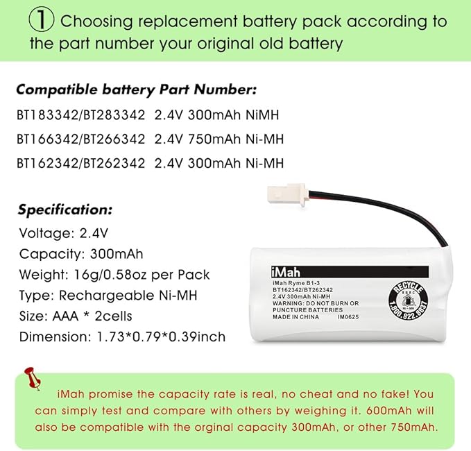 iMah BT162342/BT262342 Cordless Phone Batteries Compatible with VTech CS6409 CS6419 CS6429 CS80100 AT&T CL81101 EL5210 EL52400 Handset Telephone (Pack of 6)